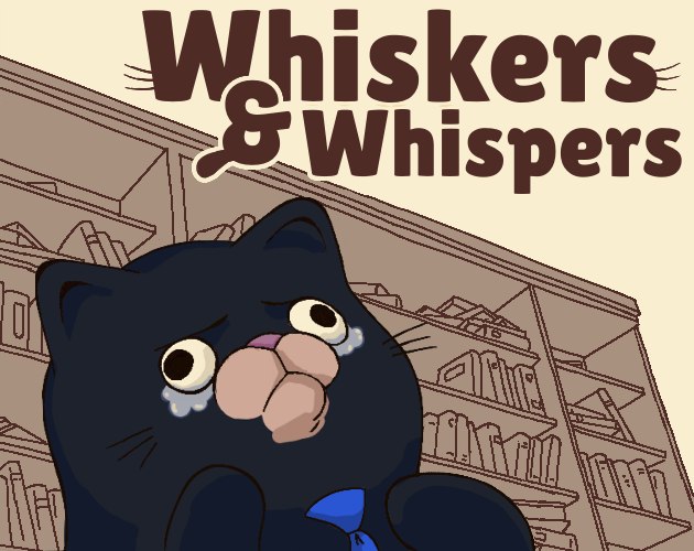 A worried black cat in a library beneath the title Whiskers and Whispers